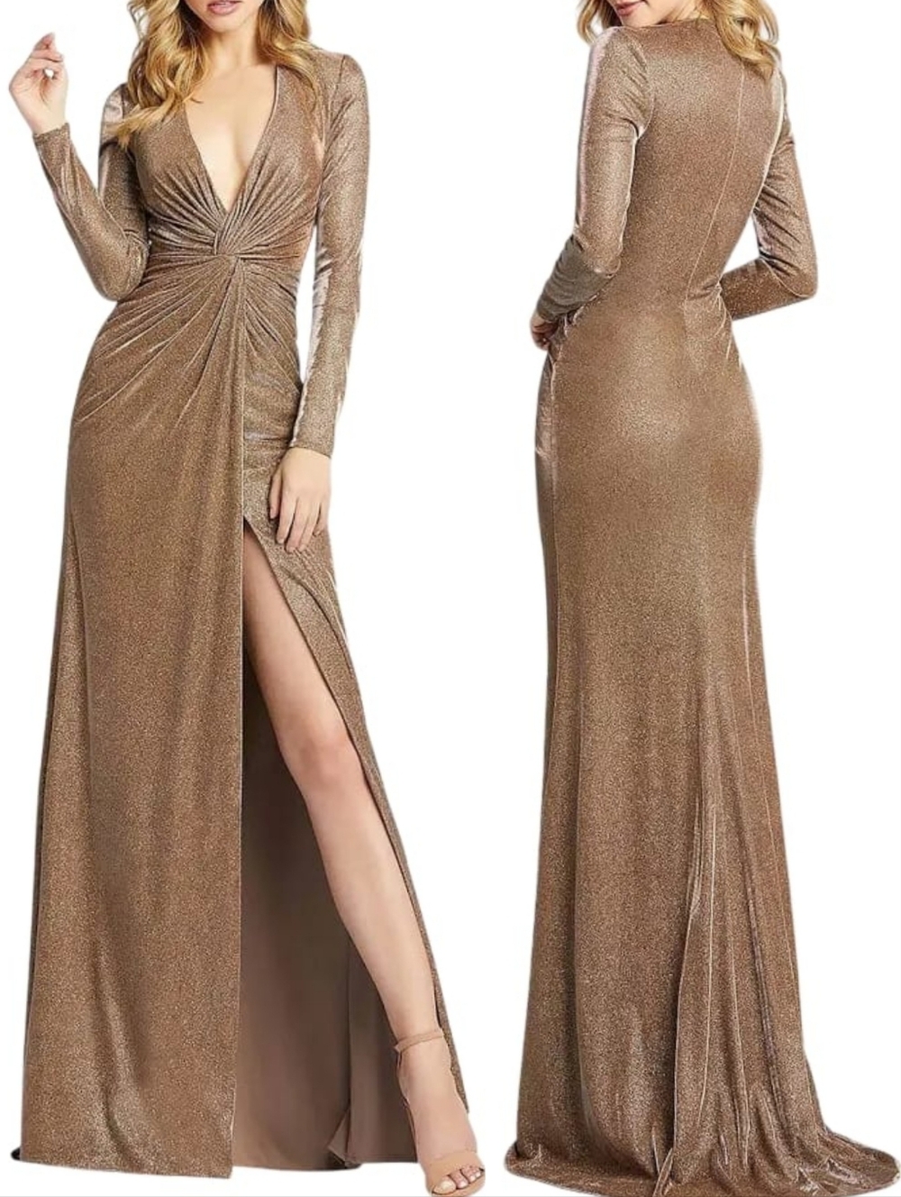 Ieena for Mac Duggal 261941 Metallic Bronze Gold V-Neck Long Sleeve Gown 2 NWT